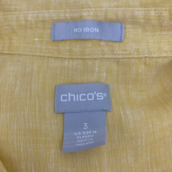 Chico's No Iron Linen Shirt Size 3 / XL Button Up 3/4 Sleeve Bright Yellow Top - Picture 13 of 15